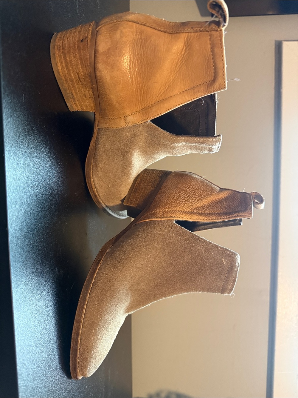 Women's Two-Tone Tan Cutout Suede & Leather Ankle Booties